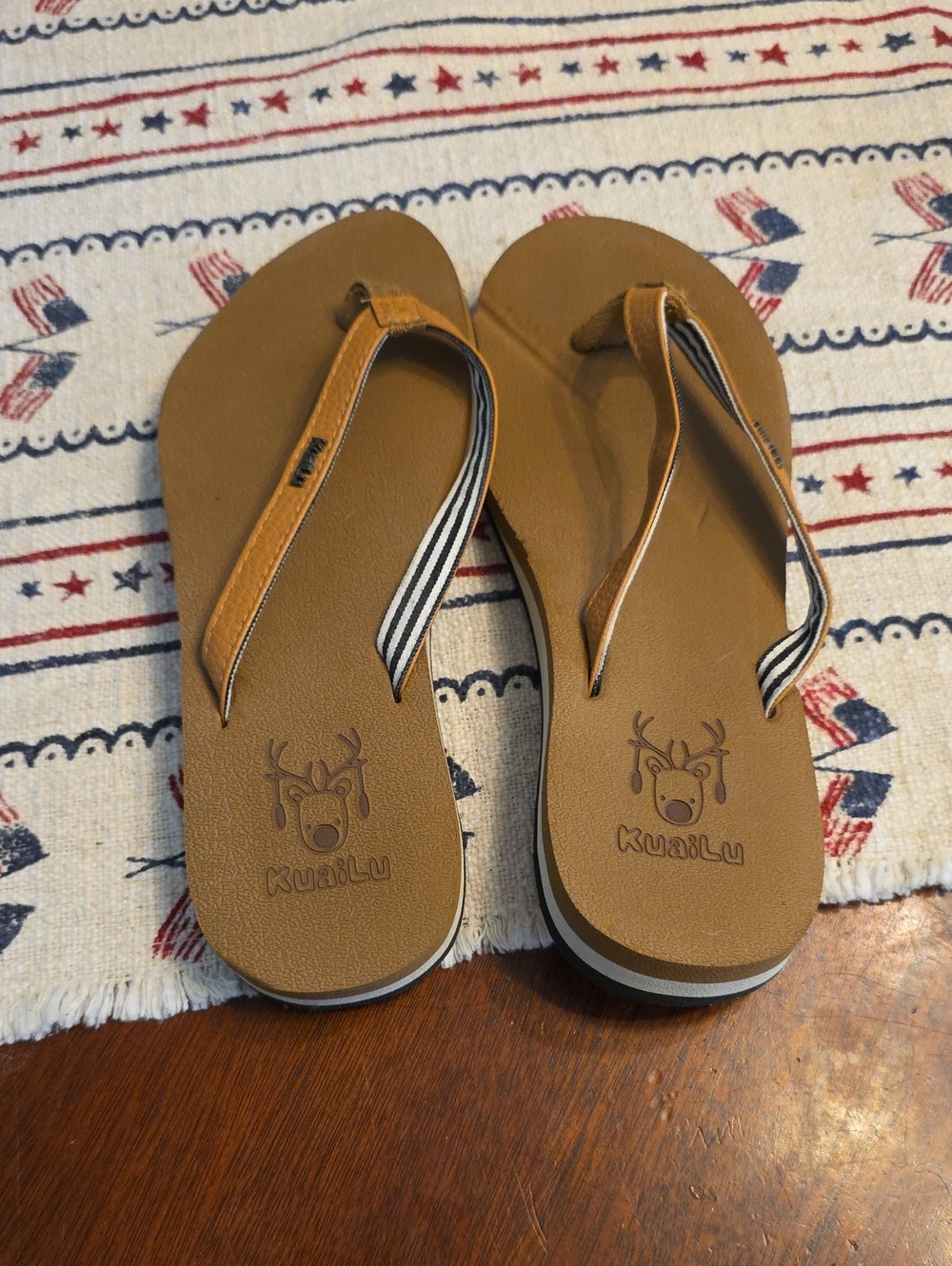 Womens Brown Flip-Flops with Striped Strap